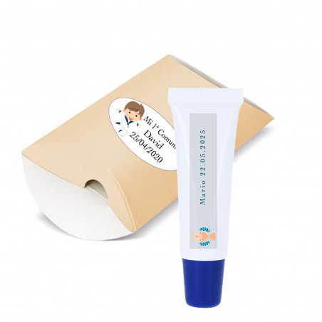 Baume à lèvres personnalisé dans un étui avec autocollant première communion pour les détails de l'enfant