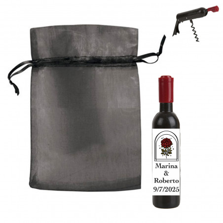 Tire-bouchon personnalisé en forme de bouteille avec motif floral vintage dans un sac en organza