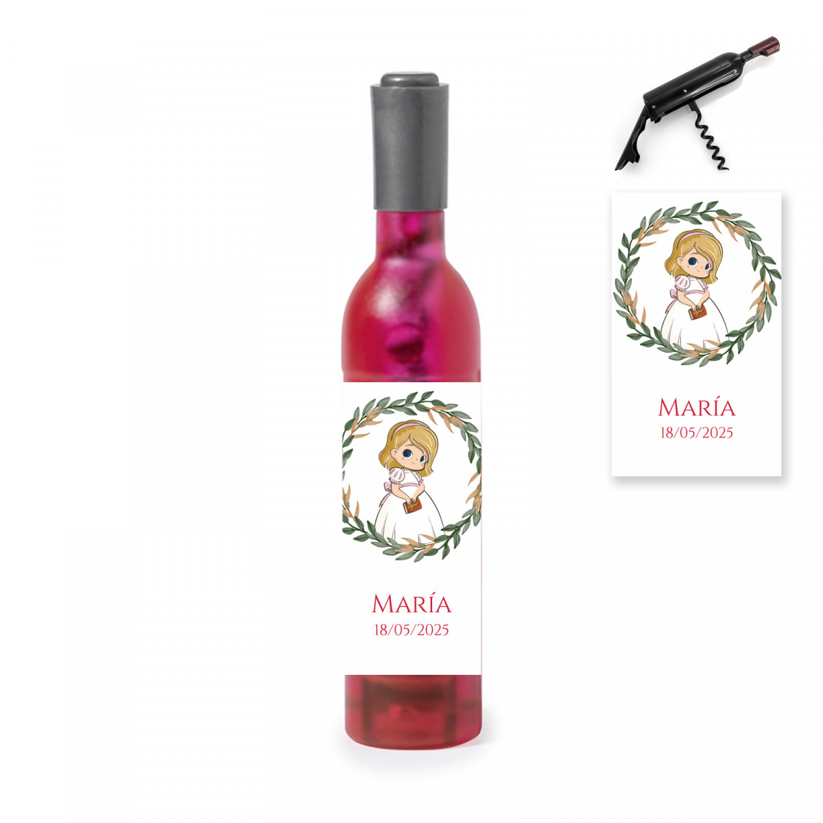 Tire-bouchon magnétique en forme de bouteille rose avec autocollant communion fille
