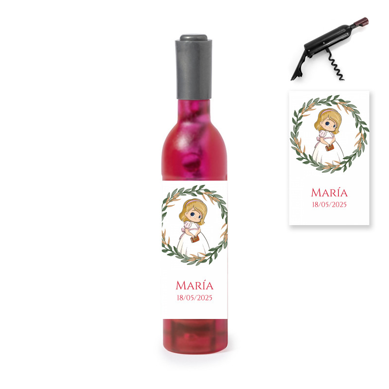 Tire-bouchon magnétique en forme de bouteille rose avec autocollant communion fille