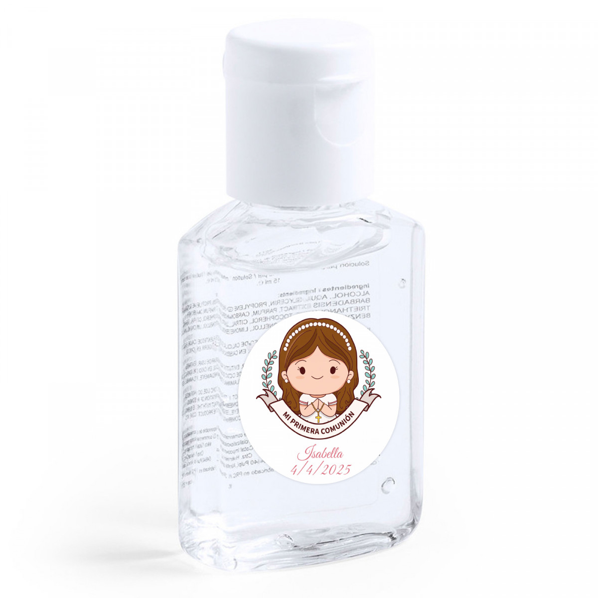 Gel hydroalcoolique avec adhésif première communion fille pour détails