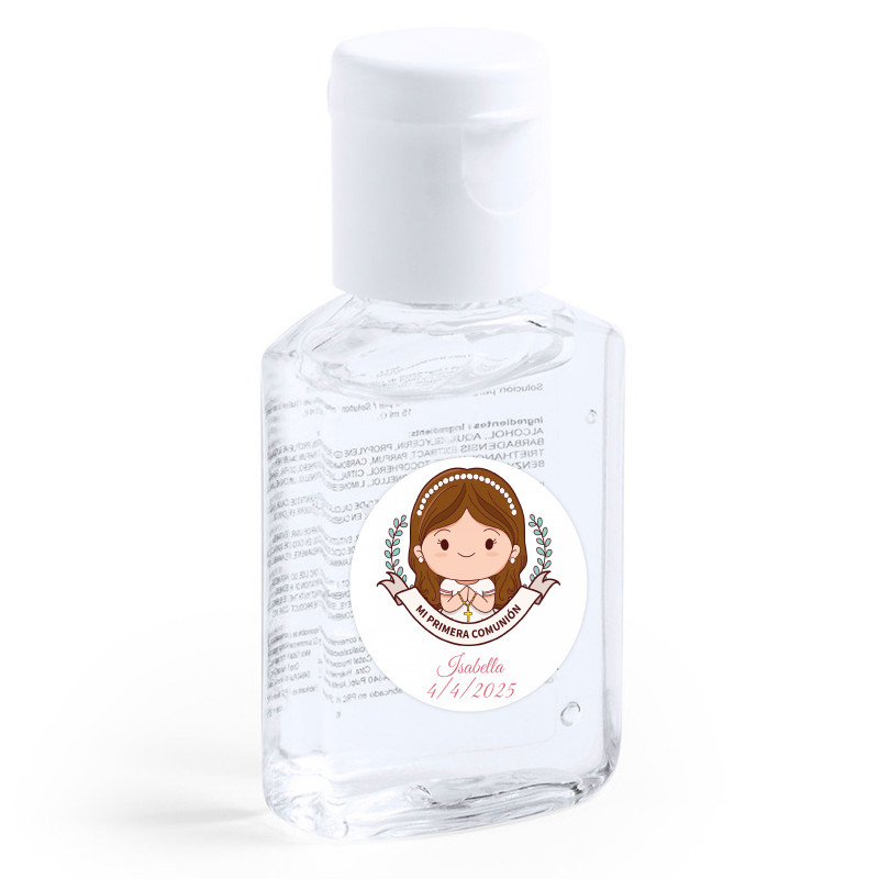 Gel hydroalcoolique avec adhésif première communion fille pour détails