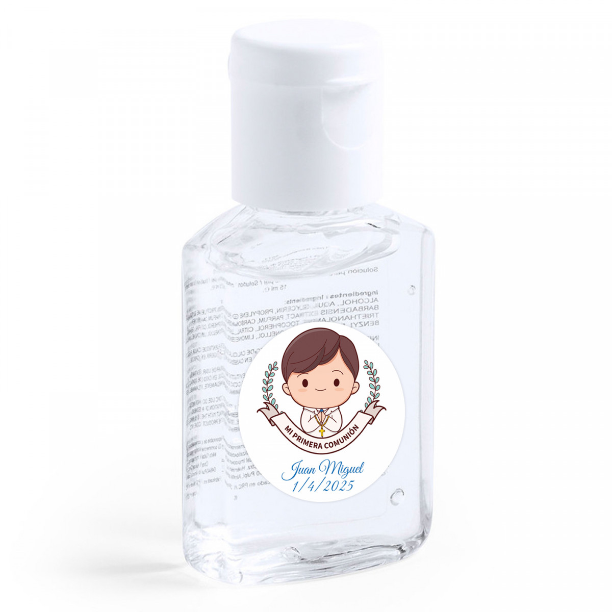 Gel hydroalcoolique avec adhésif première communion enfant pour détails