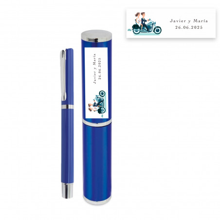 Stylo à bille avec étui en métal bleu roi avec autocollant mariés sur moto pour mariage