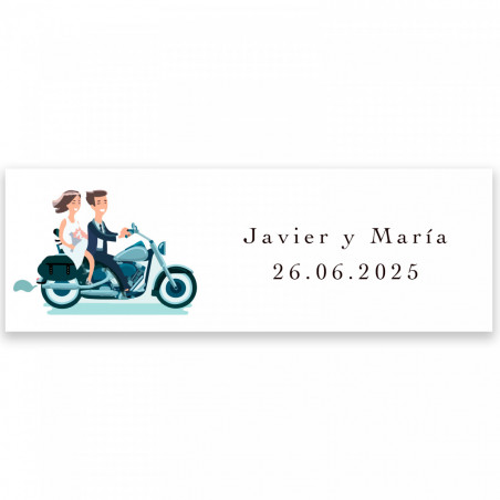 Stylo à bille avec étui en métal bleu roi avec autocollant mariés sur moto pour mariage