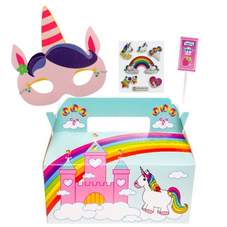 Masque de licorne et sac de douceurs dans une boîte en carton pour un détail pour filles