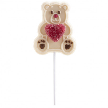 Pépite d'ours en chocolat blanc avec cœur dans un sac kraft avec adhésif personnalisé Saint-Valentin