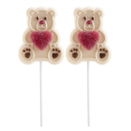 Pépite d'ours en chocolat blanc avec cœur dans un sac kraft avec adhésif personnalisé Saint-Valentin