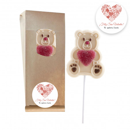 Pépite d'ours en chocolat blanc avec cœur dans un sac kraft avec adhésif personnalisé Saint-Valentin