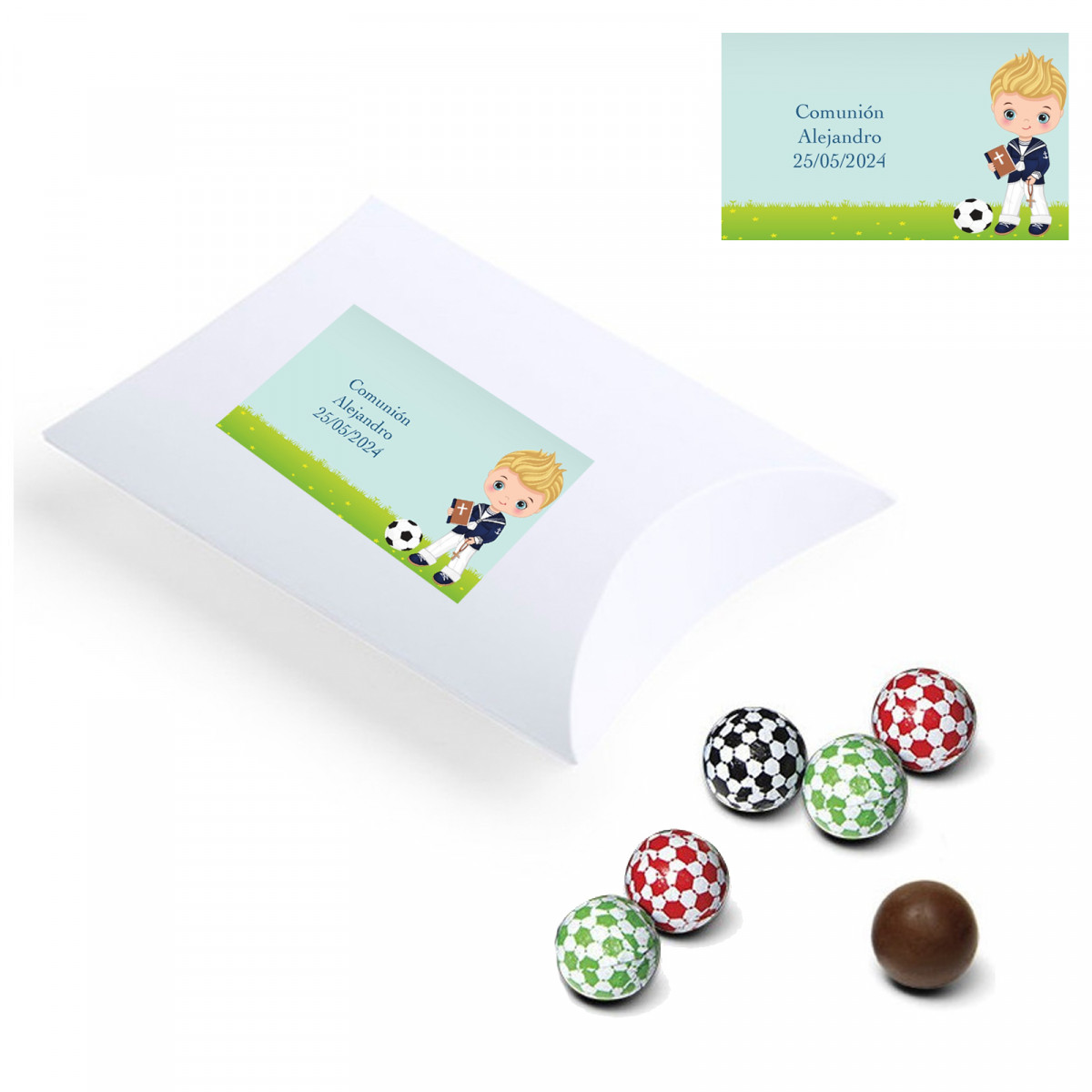 Bonbons au chocolat dans un étui personnalisé avec autocollant d'enfant de première communion