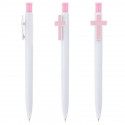 Stylo personnalisé pour baptême avec croix rose et détail d'ange fille en vinyle transparent