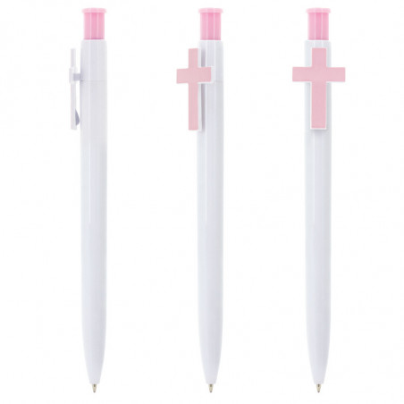 Stylo personnalisé pour baptême avec croix rose et détail d'ange fille en vinyle transparent