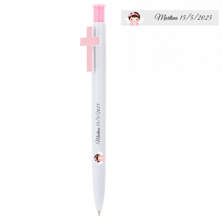Stylo personnalisé pour baptême avec croix rose et détail d'ange fille en vinyle transparent