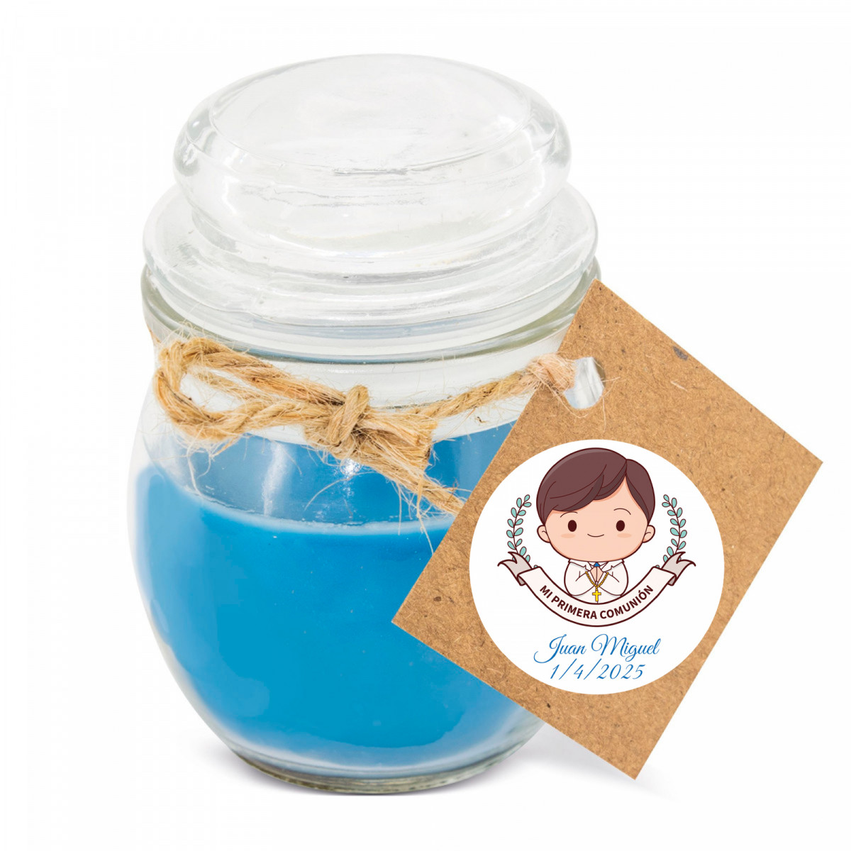 Bougie aromatique bleue en pot en verre avec étiquette autocollante de 3 cm pour les détails de la première communion garçon