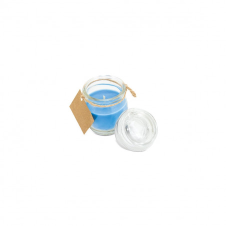 Bougie aromatique bleue en pot en verre avec étiquette autocollante de 3 cm pour les détails de la première communion garçon