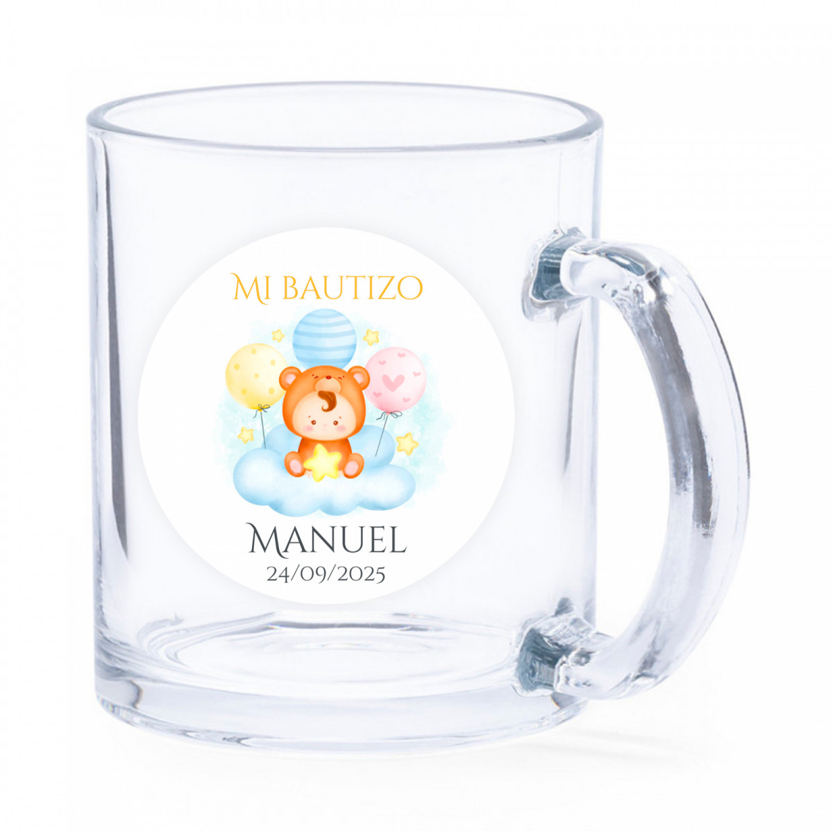 Tasse en verre avec un tendre autocollant personnalisable à offrir