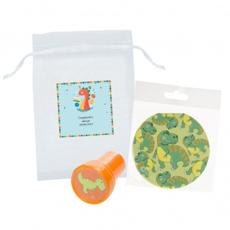 Tampon dinosaure et carnet dans un sachet en organza avec autocollant assorti pour anniversaire