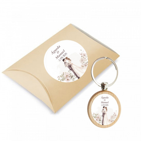 Porte-clés rond en bois personnalisé avec boîte assortie pour mariage