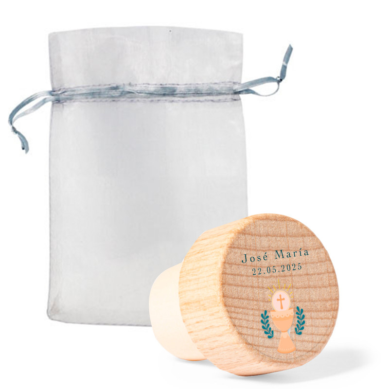Bouchon en bois réutilisable avec adhésif pour calice dans un sac en organza pour les détails de la première communion