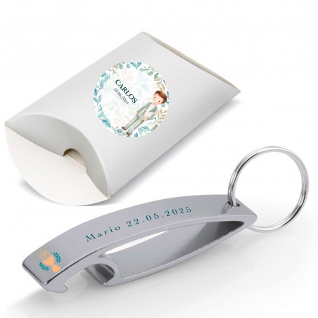Porte-clés ouvre-porte avec adhésif personnalisable dans boîte kraft personnalisée pour détails de première communion garçon