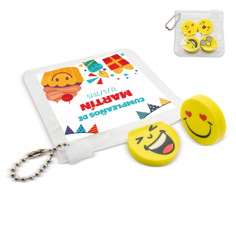 Gommes à effacer en forme d'emojis dans une trousse avec adhésif personnalisable pour des détails