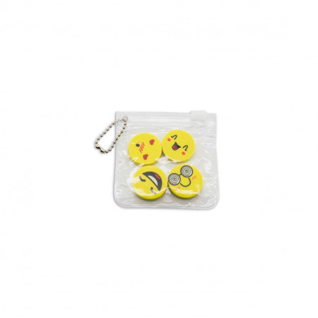 Gommes à effacer en forme d'emojis dans une trousse avec adhésif personnalisable pour des détails