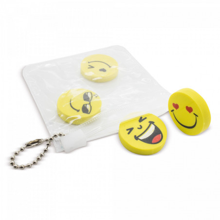 Gommes à effacer en forme d'emojis dans une trousse avec adhésif personnalisable pour des détails