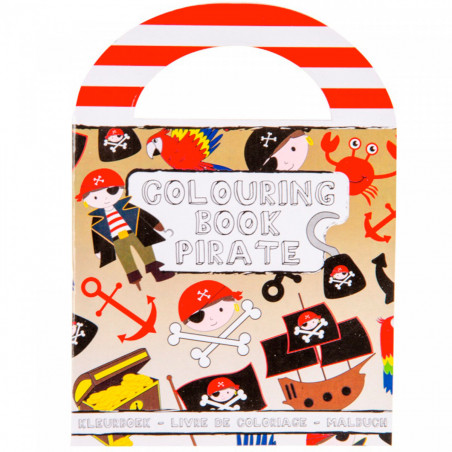 Livre de coloriage avec des crayons et une sucette dans un sac rouge métallique personnalisable pour les détails