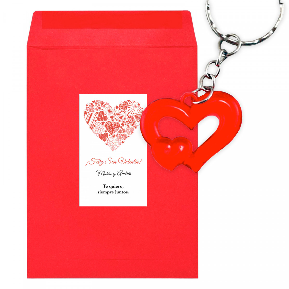 Porte-clés coeur dans enveloppe kraft rouge avec sticker romantique personnalisable