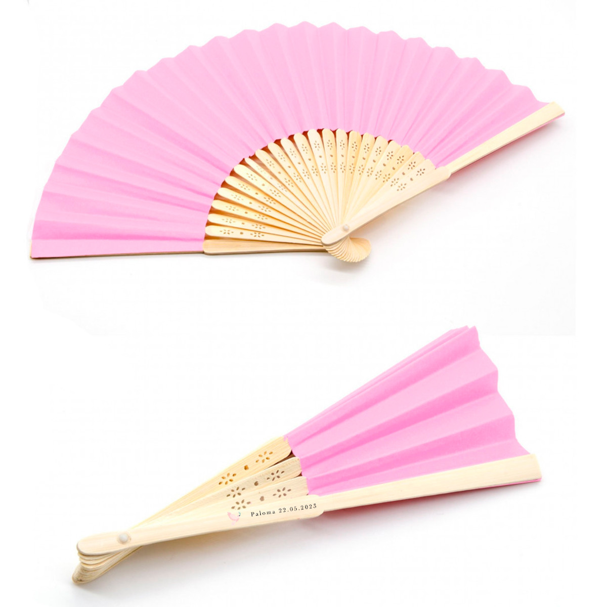 Éventail en bois rose avec adhésif colombe rose pour les détails de la première communion
