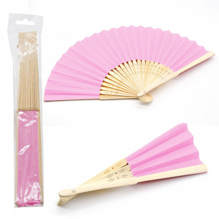Éventail en bois rose avec adhésif colombe rose pour les détails de la première communion