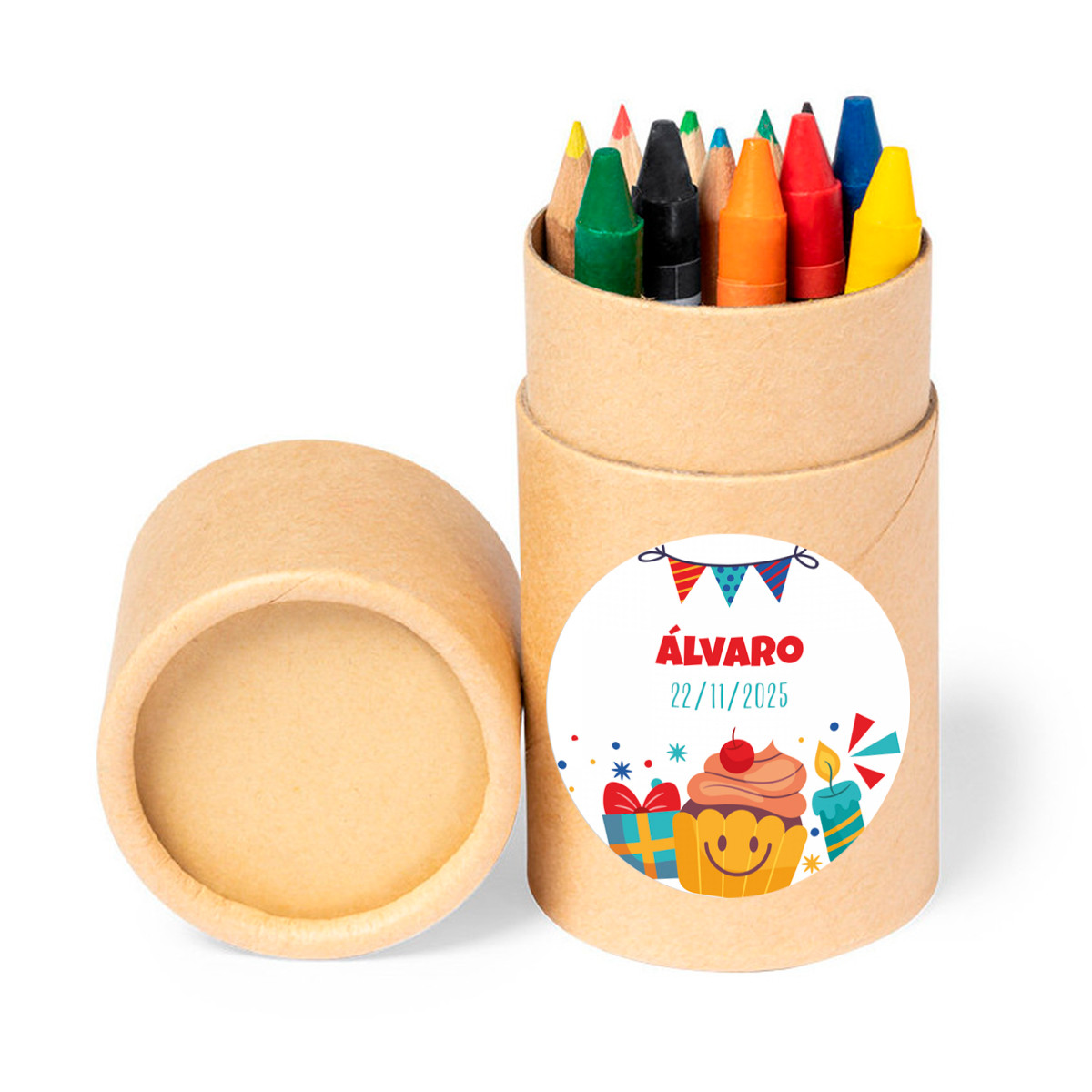 Couleurs en bois et crayons dans un étui rond avec autocollant de Noël pour les détails