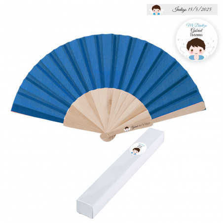 Éventail en bois de couleur bleue avec adhésif personnalisé pour baptêmes
