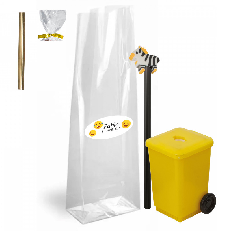 Taille-crayon écologique avec crayon et gomme de zèbre dans un sac personnalisé, fermeture par bande pour événements