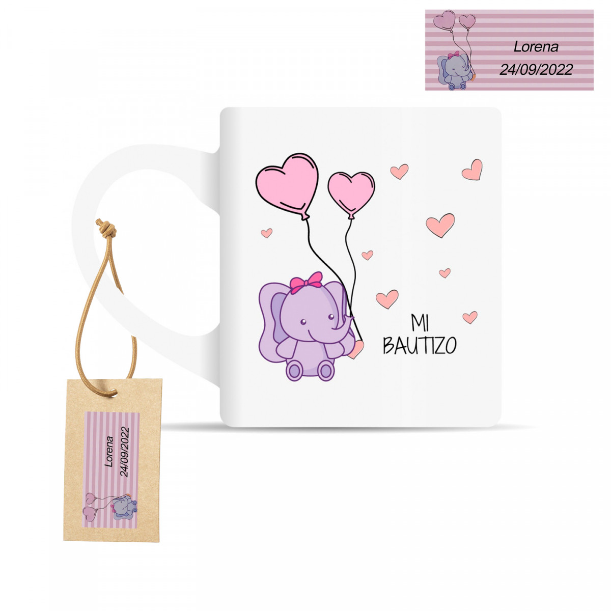 Tasse avec motif d'éléphant rose et étiquette personnalisée pour le baptême de bébé