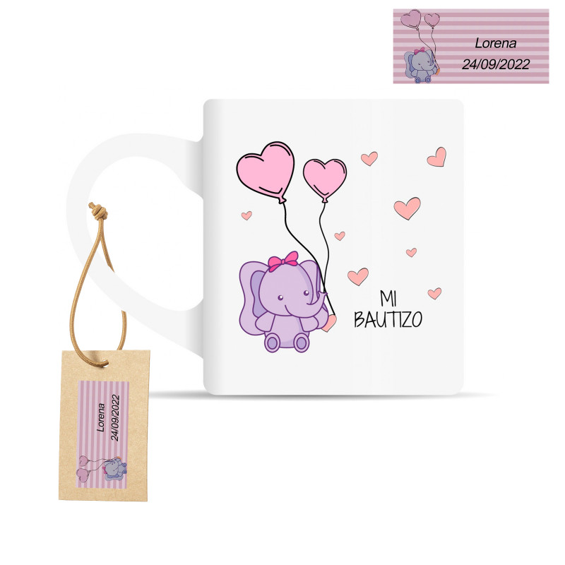 Tasse avec motif d'éléphant rose et étiquette personnalisée pour le baptême de bébé