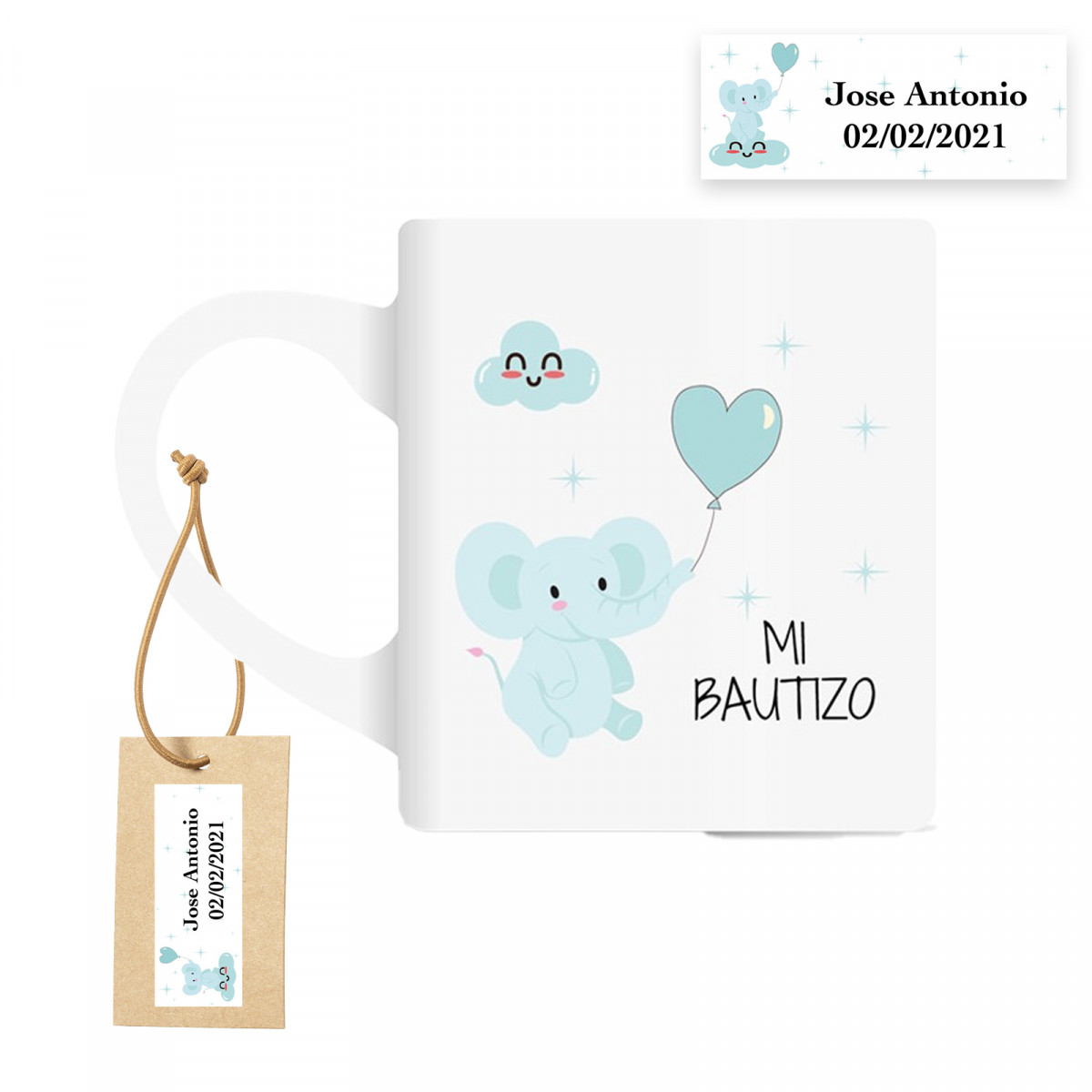 Tasse en céramique avec motif d'éléphant bleu et étiquette personnalisée pour le baptême de bébé