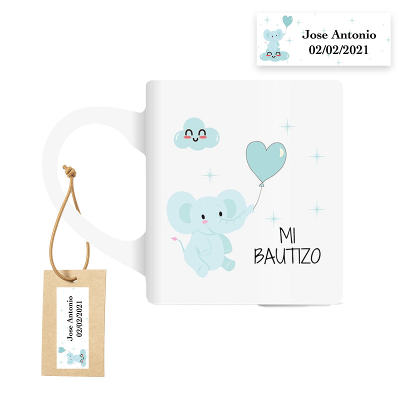 Tasse en céramique avec motif d'éléphant bleu et étiquette personnalisée pour le baptême de bébé