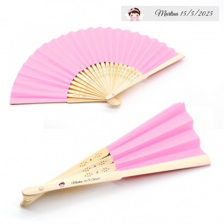 Éventail rose en bois avec autocollant ange pour les détails de baptême