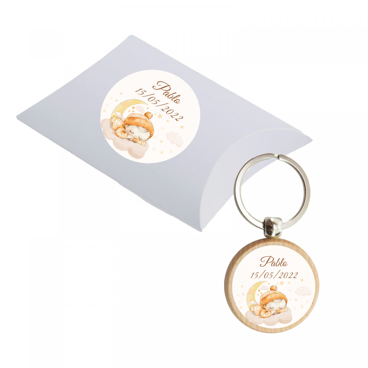 Porte-clés en bois rond personnalisé avec boîte blanche pour baptêmes