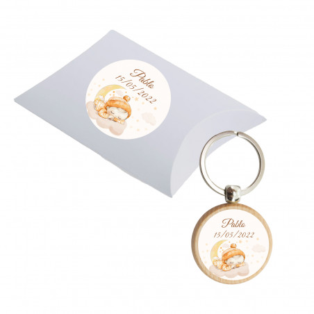 Porte-clés en bois rond personnalisé avec boîte blanche pour baptêmes