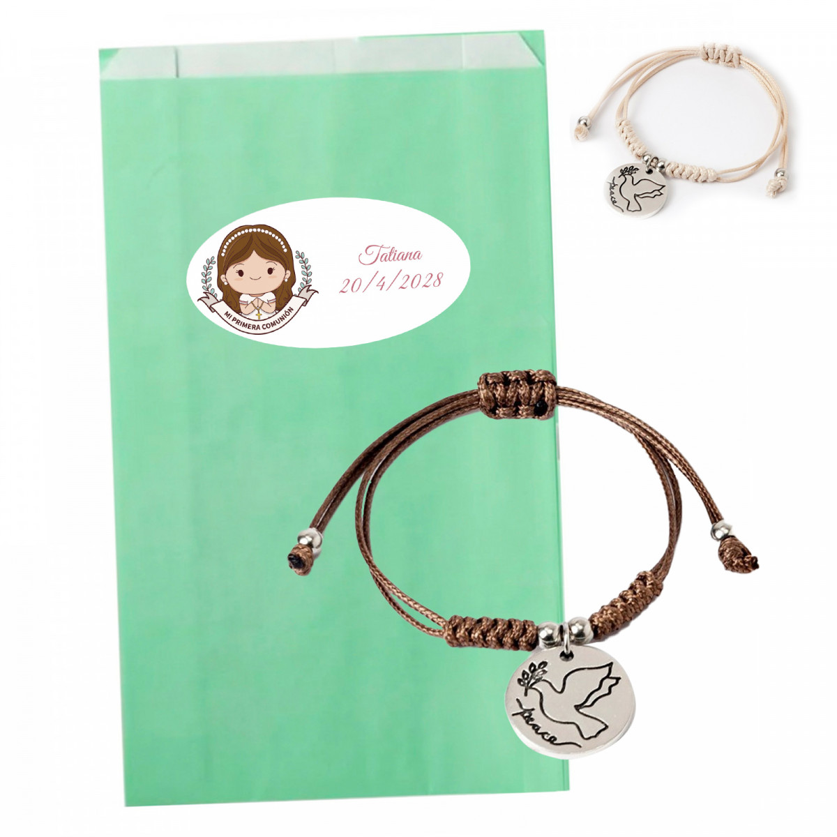 Bracelet de communion colombe de la paix dans un sachet vert d'eau avec autocollant personnalisable