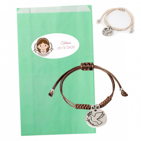Bracelet de communion colombe de la paix dans un sachet vert d'eau avec autocollant personnalisable