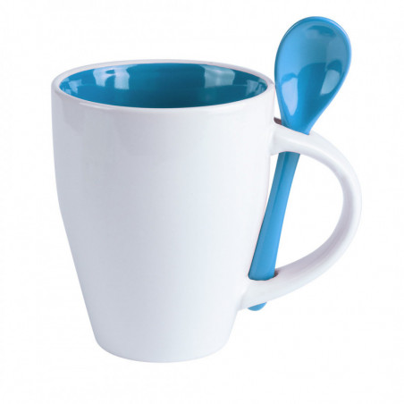 Tasse en céramique avec petite cuillère bleu ciel personnalisée avec un autocollant de bébé pour les baptêmes