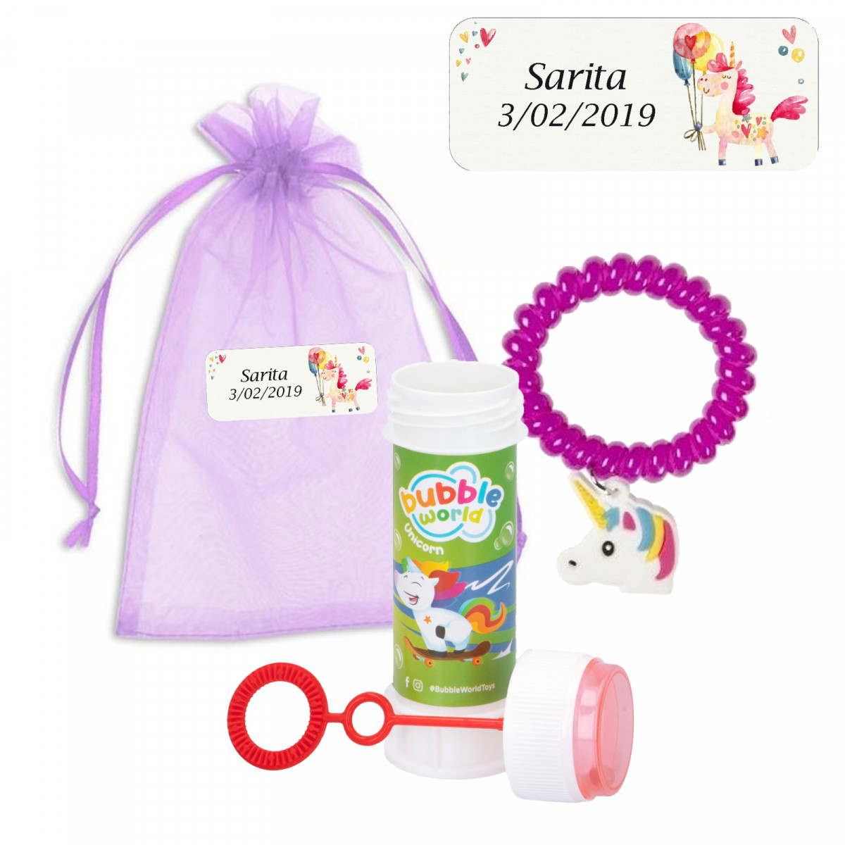 Bracelet de licorne et souffleur de bulles dans un sac en organza violet avec étiquette de licorne pour les invités