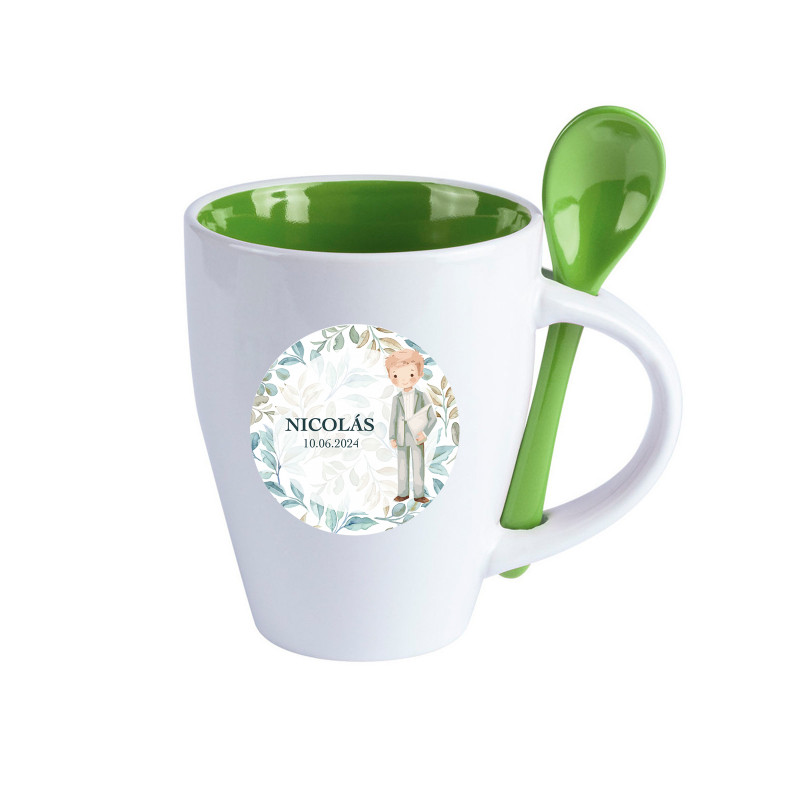 Tasse en céramique avec cuillère verte personnalisée et autocollant d'enfant de Première Communion
