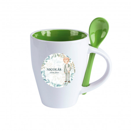 Tasse en céramique avec cuillère verte personnalisée et autocollant d'enfant de Première Communion