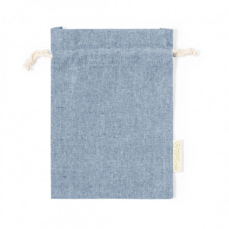 Ouvre-bouchon et tire-bouchon en bois et aimant dans un sac en tissu bleu et personnalisé avec autocollant communion garçon