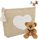 Nécessaire en jute avec peluche ours assorti, cadeau doux et original pour des événements spéciaux