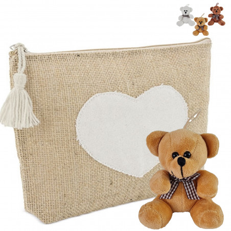 Nécessaire en jute avec peluche ours assorti, cadeau doux et original pour des événements spéciaux